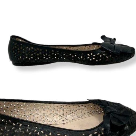 Prada Black Leather Ballerina Perforated Laser Cut Bow Flats Size 39 - Picture 9 of 10